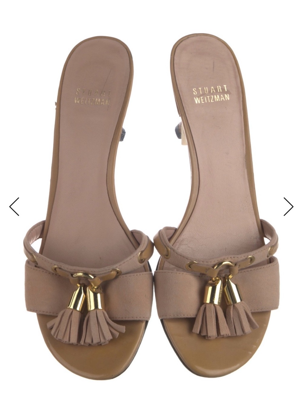 Stuart Weitzman Taupe Tassel Slide Mules